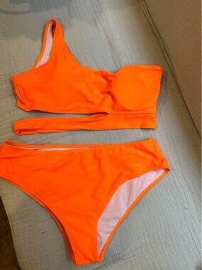 Neon Orange Two-Piece Swimsuit Set